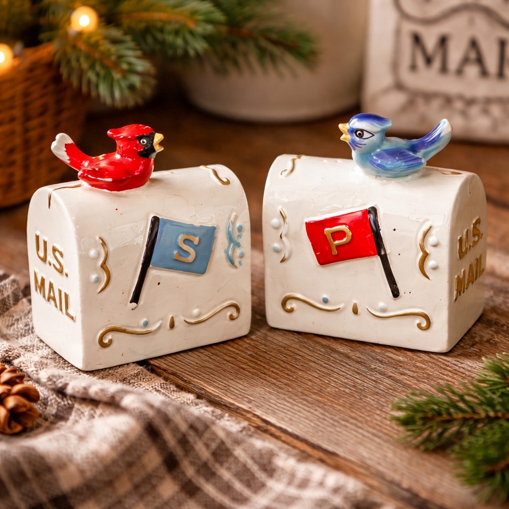 Vintage U.S. Mail Salt & Pepper Shakers Birds Mailbox Set Ceramic Japan E-3200